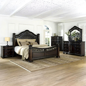 Ensemble de meubles de chambre à coucher en bois massif avec tête de lit sculptée à la main de style antique de luxe, couleur foncée - Product Image 1