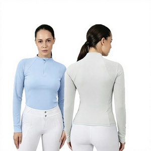Women's Equestrian <b>Base</b> <b>Layer</b> Mesh Breathable Riding Top Regular Fit Button Closure Shirt <b>Long</b> <b>Sleeve</b> Horse Riding Tee Nylon - Product Image 5