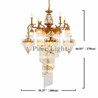 Lustre en spirale en céramique vintage français de luxe avec cristaux, lampe suspendue en laiton sur mesure pour hall d'hôtel, escalier d'hôtel, villa