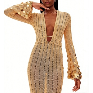 เดรสยาวผ้าถักซีทรูประดับเลื่อมสำหรับผู้หญิง คอวีลึก แขนยาว ชุดเดรสออกงาน แฟชั่น - Product Image 5