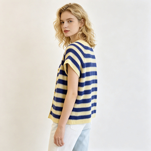 2026 New Arrival <strong>Navy</strong> Striped Knit <strong>Cardigan</strong>, Women's Short Sleeve Button Down Crew Neck Knitted Top, Knitwear - Product Image 4