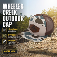 Gorra Trucker de 7 Paneles para Adulto, Estructurada, de Algodón 168, con Parche de Cuero Personalizado con Logotipo, Bordado y Apliques de Camuflaje, Cierre a Presión