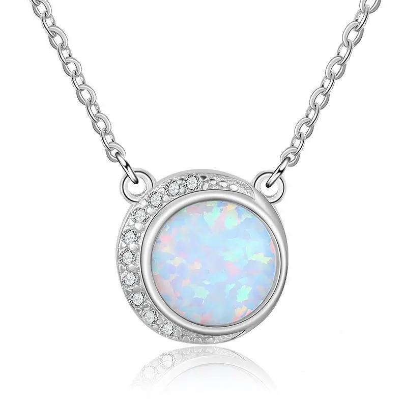 Desain Populer Dainty Wanita Perhiasan S925 Sterling Silver Eclipse Putih Opal Liontin Kalung dengan Zirkon