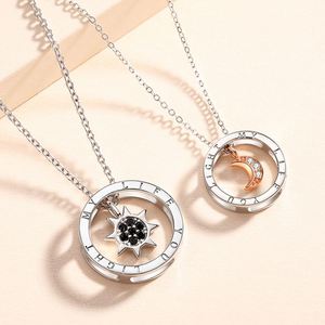 Collier romantique pour couple en argent, pendentif cercle soleil et lune avec diamants, pour homme et femme - Product Image 2
