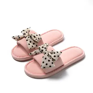 Spring summer High quality linen slippers anti skid quiet indoor outdoor sandals for women custom Cute bow Open Toe shoes