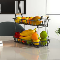 Panier de fruits à deux niveaux en métal maille fil cuisine légumes fruits panier support de rangement avec manche en bois et crochets banane