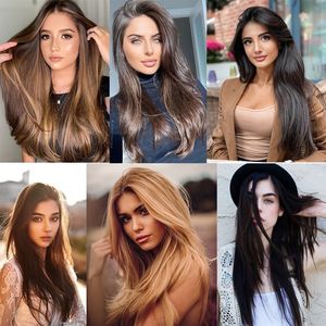 Extensions de cheveux synthétiques lisses et longues à clips, 7 pièces, en fibres résistantes à la chaleur, épaisses, avec clips - Product Image 6