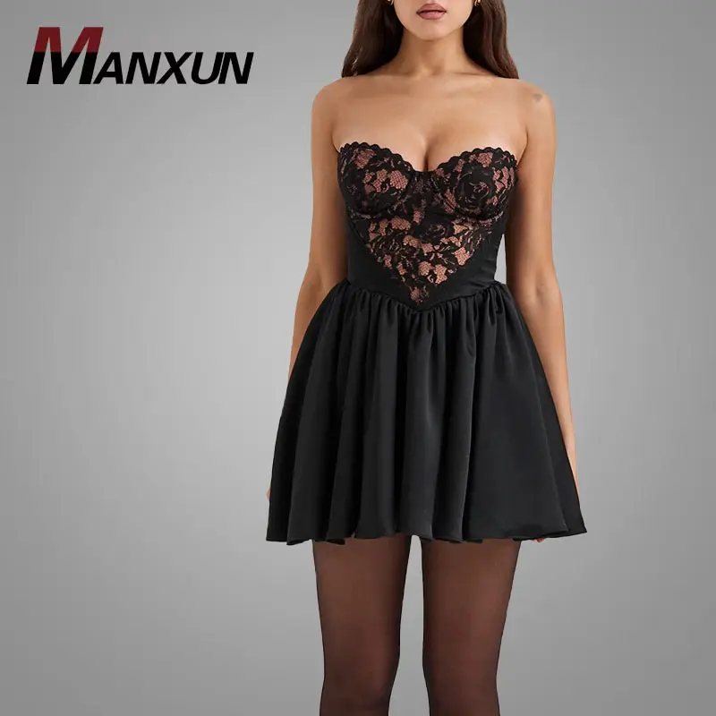 Custom Black Lace And Satin Strapless Mini Dresses High Quality Wrinkle Backless Dress Lady Causal zip Dresses