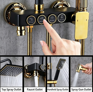 Robinet de douche moderne en acier inoxydable brossé de luxe à poignée unique avec pommeau de douche carré à jets pluie/doux/jet concentré/pause/ cascade - Product Image 1
