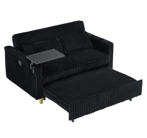 Pull-out & Push-in Foldable Reclining Black Corduroy <b>Sofa</b> with Dual Functions Movable Tabletop and USB Ports - Product Image 4