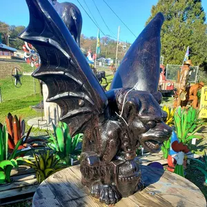 Winged Malicious Mythical Creature Sculpture Large Gothic Gargoyle Metal Garden Statue With Skull