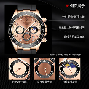 Binbond Men's Chronograph Quartz Watch With Date Moon Phase Tachymeter Black Strap 7mm Thickness Waterproof 30M - Product Image 3