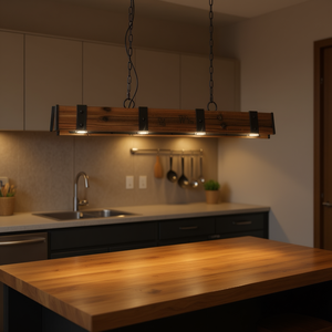 Lámpara Colgante Lineal LED de 4 Luces Rowen Rustic, Madera y Metal Color Rústico, para Isla de Cocina - Product Image 2