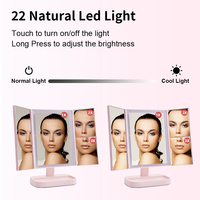 Miroir de maquillage LED personnalisable, pliable en trois parties, intelligent, rose, avec organisateur de rangement en plastique, 3 modes d'éclairage, prend en charge OEM ODM