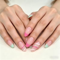 24 faux ongles roses et verts à presser, forme amande, réutilisables en ABS, avec colle, pré-conçus, longueur moyenne, pour peaux claires