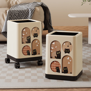 Cylindrical Trash Can With Lid Wheeled Portable Indoor Waste <b>Bin</b> For <b>Bedroom</b> And Living Room Use - Product Image 5
