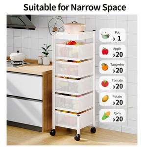 <b>Kitchen</b> Storage Rack No Assembly, Metal Storage <b>Tower</b> Shelves Organizer on Rolling Wheels Rotating Storage Cart with Basket - Product Image 6