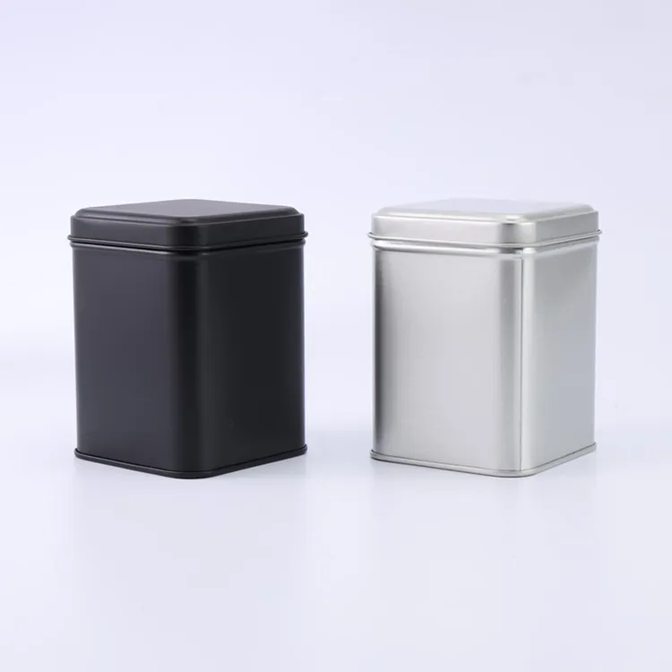 70x70x100mm מותאם אישית לוגו מובלט כיכר כסף שחור רגיל מתכת תה פחיות תה קופסא פח