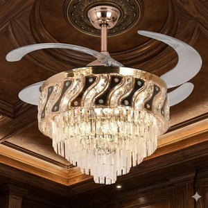 Ventilateur de plafond à pales invisibles, lustre de luxe en cristal doré, éclairage suspendu LED avec télécommande pour maison moderne et salle à manger - Product Image 2