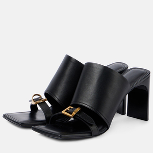 Sandalias de tacón alto y grueso con hebilla metálica y punta cuadrada abierta para mujer, estilo mule. - Product Image 1