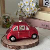 Hiasan Gantung Pohon Natal Mobil Klasik Vintage Ornamen Kaca Figur Merah Perak dengan Glitter