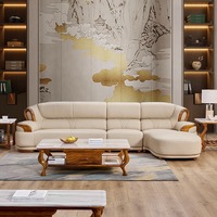 Combinación de Sofá de Cuero y Madera Uginwood de Lujo, Sofá de Madera Maciza, Muebles de Sala de Estar de Lujo Ligero