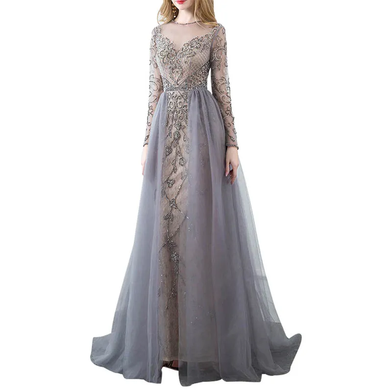 Custom grey sheer lace tulle prom long sleeve princess women evening ball gowns women evening gowns