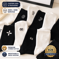 Chaussettes unisexes brodées noires et blanches, style esthétique preppy, pour couple, respirantes en coton, mi-mollet, athlétiques, sportives, tube