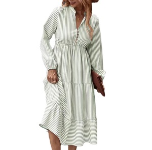 Vestido midi a rayas con cuello en V y mangas abullonadas, cintura elástica, corte holgado, vestido informal de primavera, tejido transpirable - Product Image 1