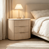 Table de chevet en pierre de style campagnard américain rétro simple à 3 tiroirs, écologique, pour chambre principale, avec plateau en marbre et rangement incurvé