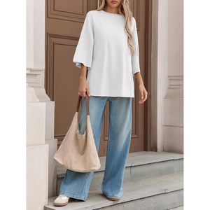 Womens Oversized T Shirt 3/4 Sleeve Side Slit Loose Fit Casual Summer Tee Tunic Top Breathable Crew Neck - Product Image 5