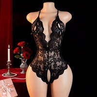 Bodysuit renda warna merah anggur dengan aksen pita, punggung terbuka, dan detail hollow untuk wanita.