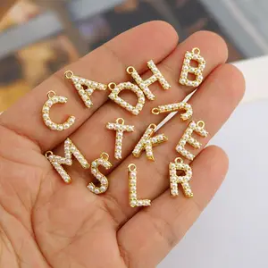 CZ8695 Popular High Quality Small Thin Mini 18k Gold Plated Seed Pearl Alphabet Initial letter charms pendants