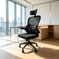 Chaise de bureau ergonomique à dossier haut en maille avec appui-tête réglable, support indépendant, accoudoirs relevables et pivotants pour ordinateur