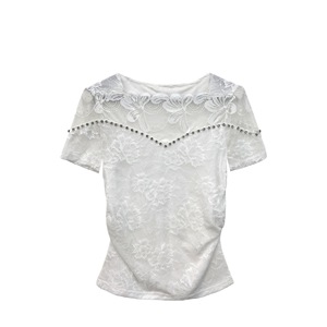 Hermosa camiseta <span class=keywords><strong>de</strong></span> encaje con hombros descubiertos y manga corta para <span class=keywords><strong>mujer</strong></span>, ajustada, adelgazante, sexy, <span class=keywords><strong>de</strong></span> malla hueca, para verano - Product Image 5