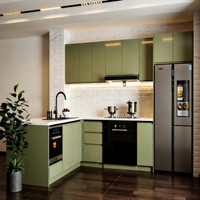 Ensemble d'armoires de cuisine modernes modulaires en bois, stratifié blanc, verre, contreplaqué et MDF, avec comptoir en marbre, charnières et robinet, pour appartement