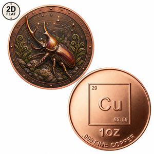 Moneta personalizzata da 1 oz in rame puro 999, design vintage steampunk con rinoceronte, scarabeo, felci e stelle, moneta commemorativa da collezione - Product Image 1