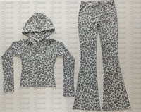 Ensemble deux pièces personnalisé imprimé léopard rose pour femmes, vêtements Y2K, survêtements pour femmes, veste à capuche zippée et pantalon évasé