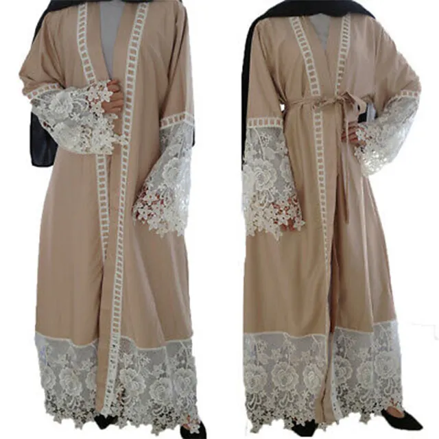 नए फैशन सुरुचिपूर्ण प्लस आकार के पैचवर्क फीता खुले अबाया दुबाई कफ्तान मुस्लिम महिलाओं की कार्डिगन मैक्सी ड्रेस किमोनो गाउन कपड़े