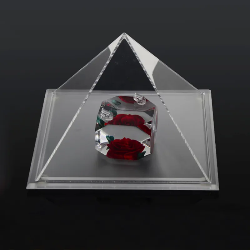 תכשיטים מותאמים אישית חנות ברור שקוף פירמידת צורת pmma פרספקס תכשיטי טבעת תיבת תצוגת מקרה אקריליק ברור פירמידת תיבה