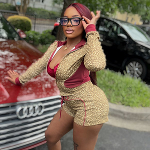 Peeqi D25ST225 nueva moda conjunto de pantalones cortos de dos piezas ropa de mujer estampado de leopardo manga larga cárdigan con cremallera conjunto de pantalones cortos con cordón - Product Image 4