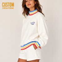 Ensemble décontracté 2 pièces pour femme : Sweat-shirt oversize en molleton French Terry côtelé rayé à col montant style universitaire et short brodé