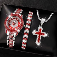 Ensemble 3 Pièces 2025 : Montre Rose, Collier Croix, Montre-Bracelet Strass, Montres Décontractées pour Femmes, Ensemble Bracelet