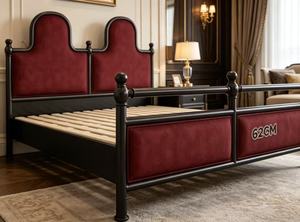 Premium Queen Size Black Metal <b>Bed</b> With Red Velvet Double Arched Upholstered Headboard For Bedroom - Product Image 4