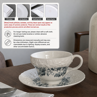 Ensemble Tasse et Soucoupe à Café en Céramique Bleue Florale Gaufrée Style Vintage Français, Bord Festonné, Porcelaine Écologique et Durable, Coffret Cadeau – Vente en Gros