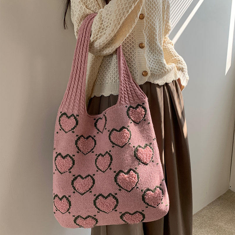 Luxury Love Heart Pattern Knit Tote Bag Handbags for Women Woolen