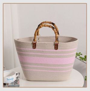 Bolso de Playa de Paja Grande para Mujer, con Rayas, Tejido con Hilo de Algodón, Estilo Retro, Portátil, para Verano - Product Image 4
