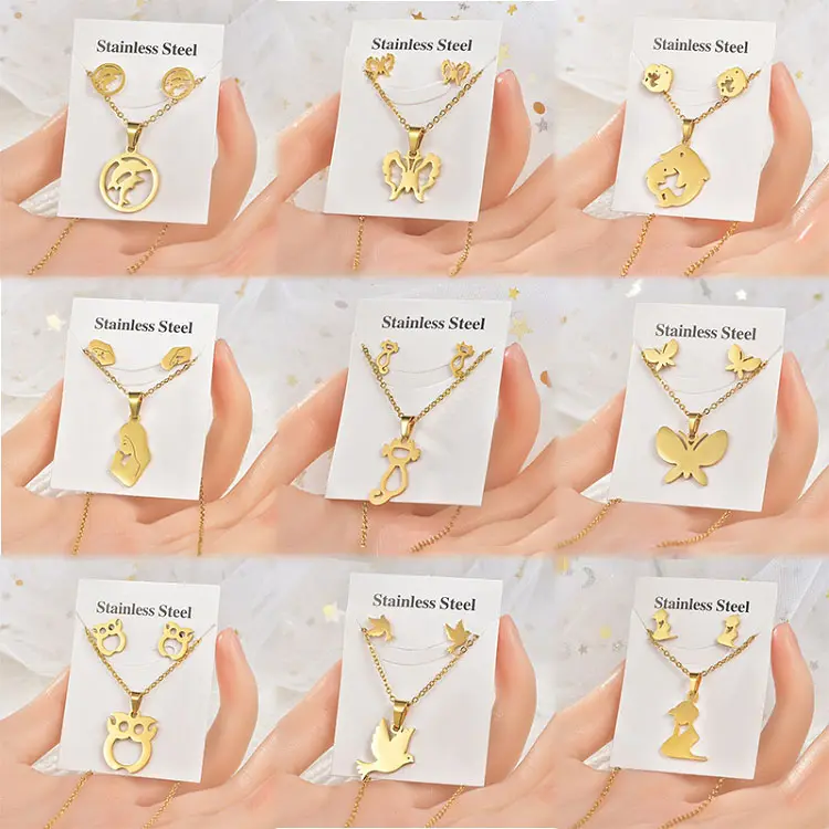 G382 134 Styles dubai jewelry set Gold Plated Stainless Steel Butterfly Flower Unicorn Pendant Necklace Earrings Set