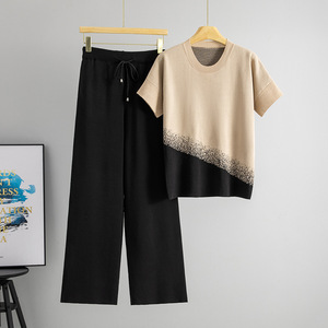 Conjunto de Suéter Tejido para Mujer, Manga Corta, Pantalones Anchos, Dos Piezas, Atuendo Casual de Verano, Corte Holgado, Diseño Moderno con Parches - Product Image 2