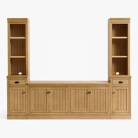 Farmhouse Oak Entertainment Center dengan Pintu Beadboard, Rak TV dengan Lemari Buku & Laci Samping, Konsol Media dengan Perangkat Keras Hitam